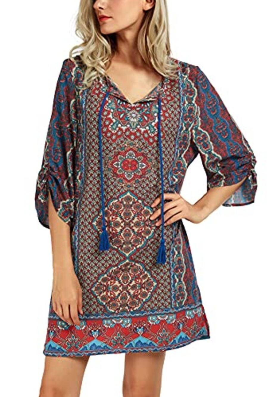 Urban Coco Shift Dress M Red Blue Tunic Tassel Paisley Boho Peasant Hippie NWT